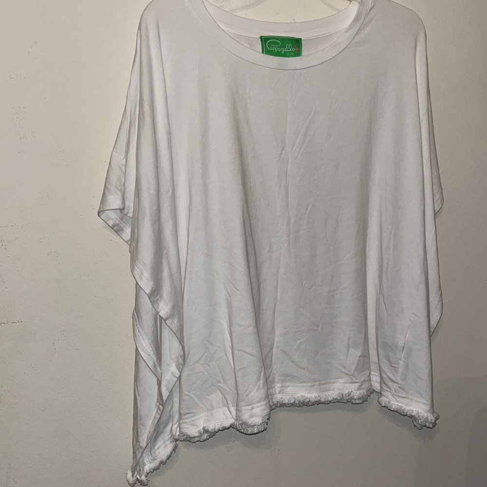 Pappagalo Fringed Poncho Sleeve Top, White, Size M